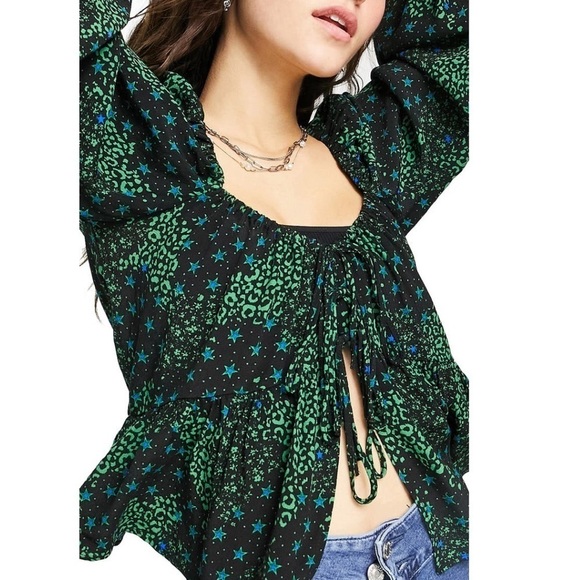 NWT Topshop Mixed Print Tie Front Flyaway Top Black/Green/Blue - Picture 3 of 8